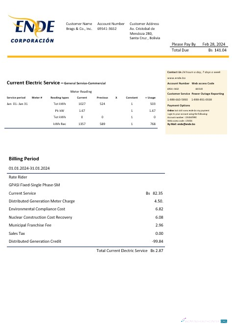 Bolivia ENDE Corporacion electricity business utility bill template in Word and PDF format